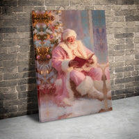 Santa by Christmas Tree Canvas Print, Pink Suit Santa Canvas Art, Holiday Oil Painting Wall Art Canvas, Pastel Xmas Home Decor Present