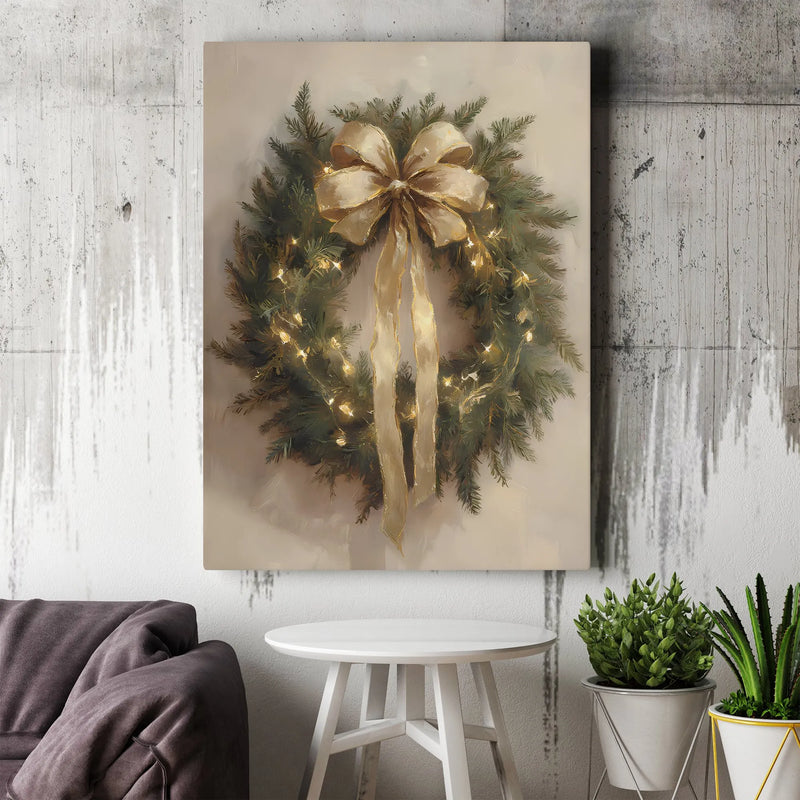 Gold Bow Holiday Lights Canvas Print, Christmas Wreath Canvas Wall Art, Painterly Xmas Canvas Decor, Festive Winter Wall Art Holiday Present