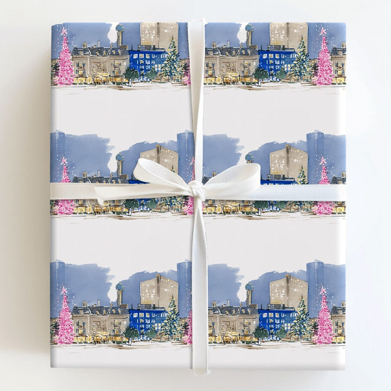 Watercolor Winter City Gift Wrap, Pink Christmas Tree Cityscape Wrapping Paper, Festive Street Holiday Wrapping Paper, Urban Gift Wrap Roll