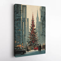 Retro New York Holiday Street Scene Print, Vintage NYC Christmas Canvas Art, Winter NYC Tree Canvas Wall Art, Festive City Wall Canvas