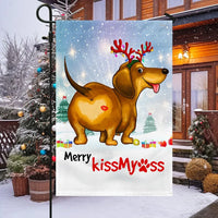 Humorous Weiner Dog Holiday Yard Flag, Dachshund Christmas Garden Flag Merry Kiss My Ass, Double-Sided Xmas Outdoor Lawn Decor