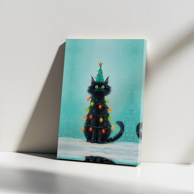 Whimsical Holiday Pet Wall Art, Black Cat Christmas Tree Canvas Print, Festive Kitty Canvas Painting