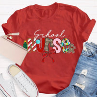 Festive Bow Holiday Nurse Tee, School Nurse Christmas Shirt, Merry Christmas RN T-Shirt, School Healthcare Worker Xmas Present