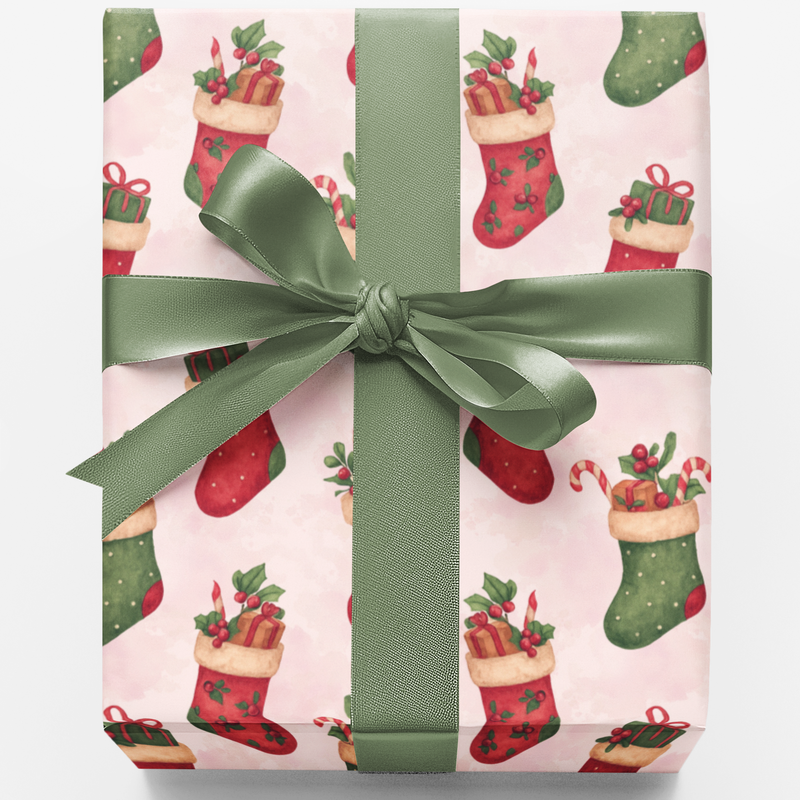 Candy Cane Holly Gift Wrap, Merry Mantle Christmas Stocking Wrapping Paper, Festive Red Green Holiday Gift Wrapping Paper, Xmas Gift Wrap