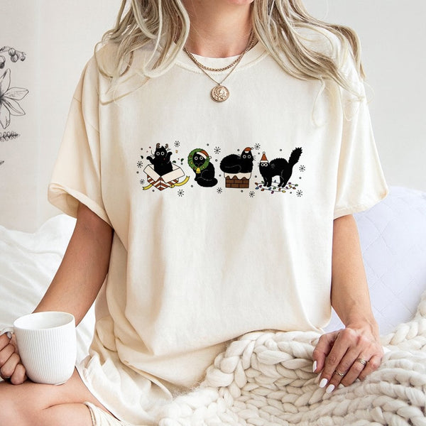 Adorable Festive Kitten Graphic Tee, Christmas Black Cat T-Shirt, Holiday Cat Mom Shirt, Vintage Xmas Black Cat T-Shirt, Wint