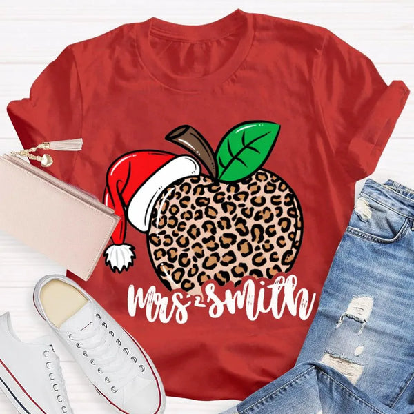 Custom Name Christmas T-Shirt, Personalized Leopard Santa Hat Shirt, Festive Holiday Graphic Tee, Comfy Xmas Present for Her,