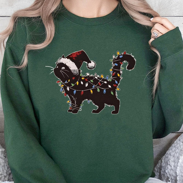Humorous Black Cat in Holiday Lights Crewneck, Cat Christmas Sweatshirt, Festive Kitty Holiday Sweater, Comfy Animal Lover Gr