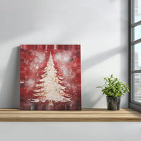 Rustic Winter Christmas Tree Canvas Print, Textured White Pine Crimson Snowfall Canvas Art, Holiday Forest Canvas Wall Art, Seasonal Decor