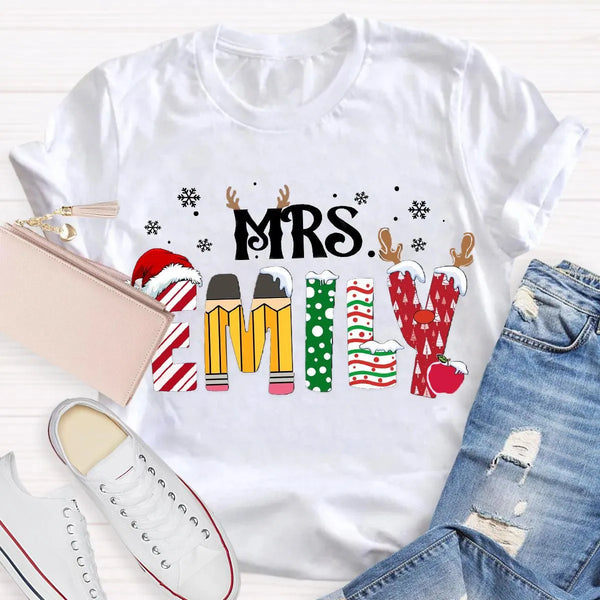 Custom Name Teacher Shirt, Personalized Christmas Teacher T-Shirt, Holiday School Educator Graphic Tee, Xmas Teacher Apprecia