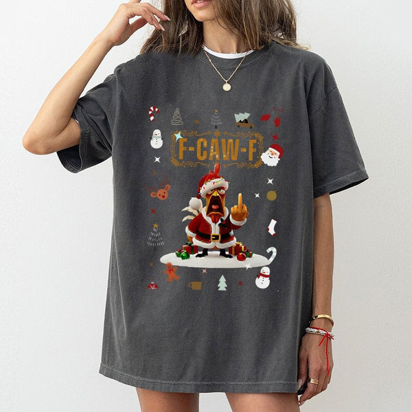 Humorous Santa Chicken Shirt, F-Caw-F Christmas T-Shirt, Sarcastic Holiday Graphic Tee, Retro Xmas Bird T-Shirt, Humorous Far