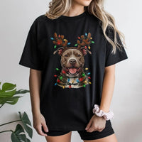 Reindeer Antlers Holiday Lights Shirt, Pitbull Christmas T-Shirt, Adorable Xmas Dog Graphic Tee, Festive Pup Apparel, Present for Dog Mom and Dad