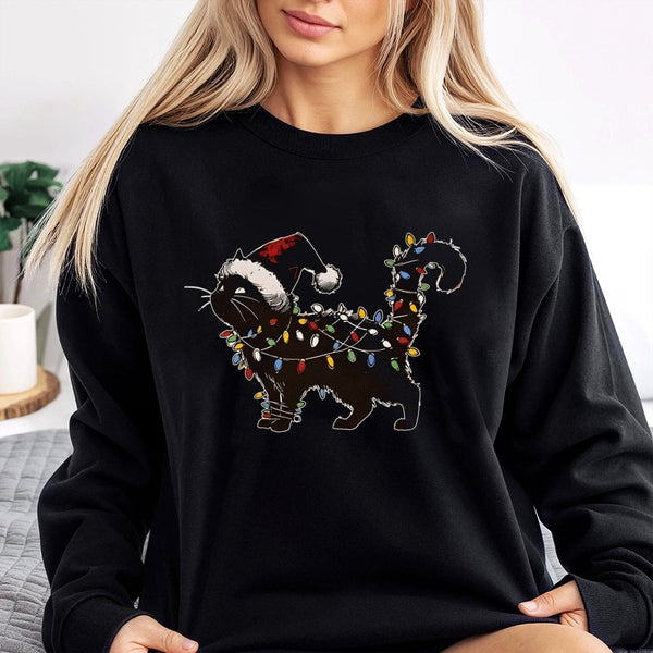 Humorous Black Cat in Holiday Lights Crewneck, Cat Christmas Sweatshirt, Festive Kitty Holiday Sweater, Comfy Animal Lover Gr