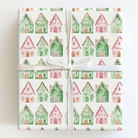 Watercolor Village Gift Wrap, Pink and Green Gingerbread House Wrapping Paper, Whimsical Christmas Wrapping Paper, Adorable Holiday Present Paper