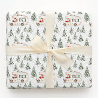 RV Road Trip Christmas Gift Wrap, Santa Camper Wrapping Paper, Watercolor Pine Forest Wrapping Paper