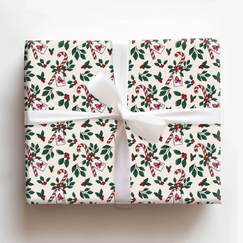 Holly Berry Holiday Gift Wrap, Candy Cane Christmas Wrapping Paper, Cardinal Gift Wrapping Paper, Festive Winter Holiday Gift Wrap Roll
