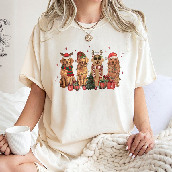 Festive Dog Mom Holiday Graphic Tee, Golden Retriever Christmas T-Shirt, Adorable Puppy Santa Hat Shirt, Winter Holiday Dog L
