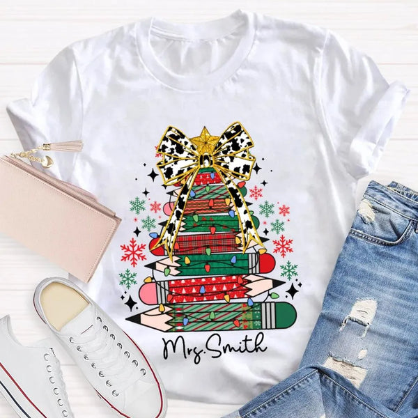 Bow and Colored Pencil Holiday Graphic Tee, Personalized Christmas Tree T-Shirt, Custom Teacher Christmas Shirt, Adorable Sch