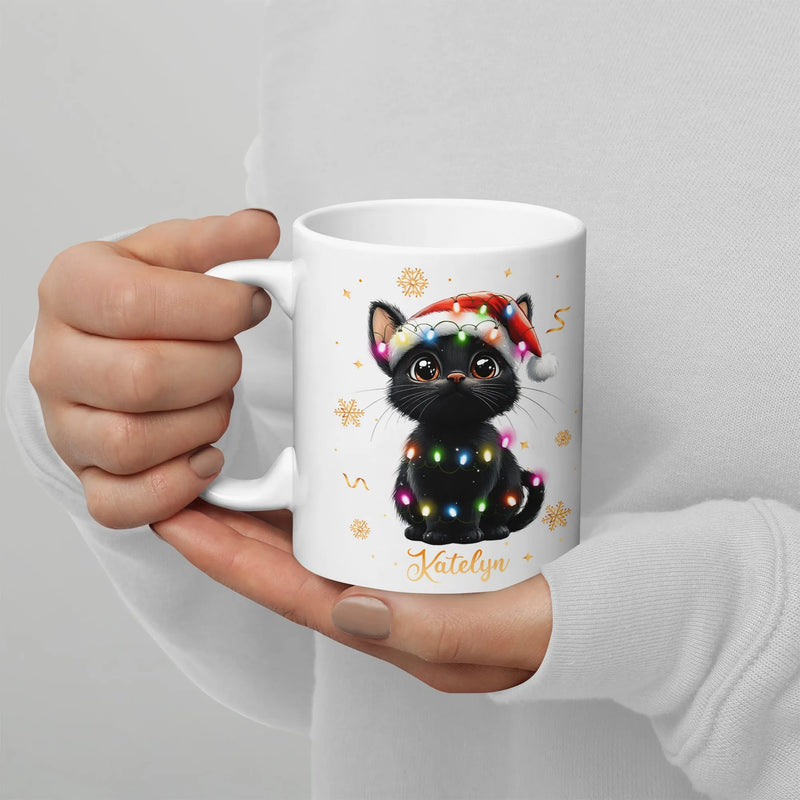 Adorable Kitten Santa Hat Fairy Lights Coffee Mug, Black Cat Christmas Mug, Holiday Pet Lover Cup, Festive Cat Ceramic Mug