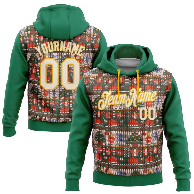 Personalized Ugly Sweater Hoodie, Custom Christmas Hoodie, Kelly Green Gold Holiday Hoodie, Custom Name Number Sweatshirt, Xmas Present