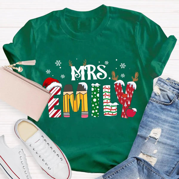 Custom Name Teacher Shirt, Personalized Christmas Teacher T-Shirt, Holiday School Educator Graphic Tee, Xmas Teacher Apprecia