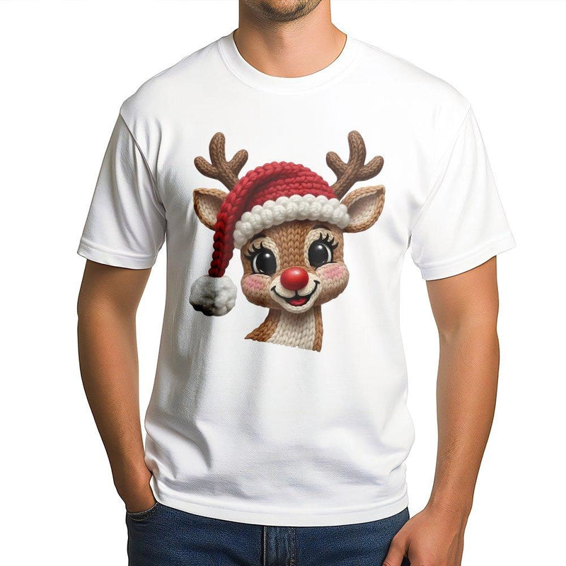 Red Nose Deer Faux Knit Holiday Tee, Reindeer Christmas T-Shirt, Adorable Festive Xmas Graphic Shirt, Holiday Season Family Outfit Present