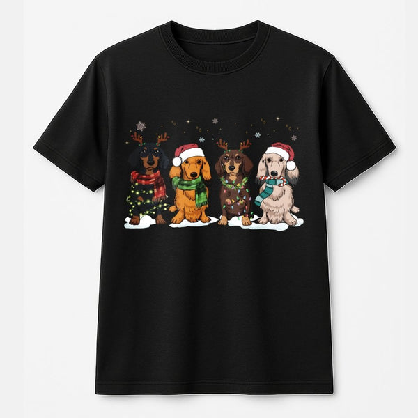 Festive Wiener Dog Holiday Graphic Tee, Dachshund Christmas T-Shirt, Adorable Xmas Dog Lover T-Shirt, Humorous Winter Animal 