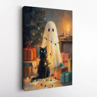 Adorable Spooky Holiday Lights Canvas Print, Ghost and Black Cat Christmas Canvas, Christmas Cat Wall Art, Spooky Festive Canvas Wall Decor Present