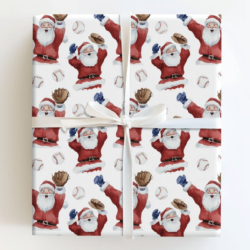 Watercolor Sports Christmas Gift Wrap, Baseball Santa Wrapping Paper, Santa Playing Ball Wrapping Paper, Holiday Baseball Fan Gift Wrap