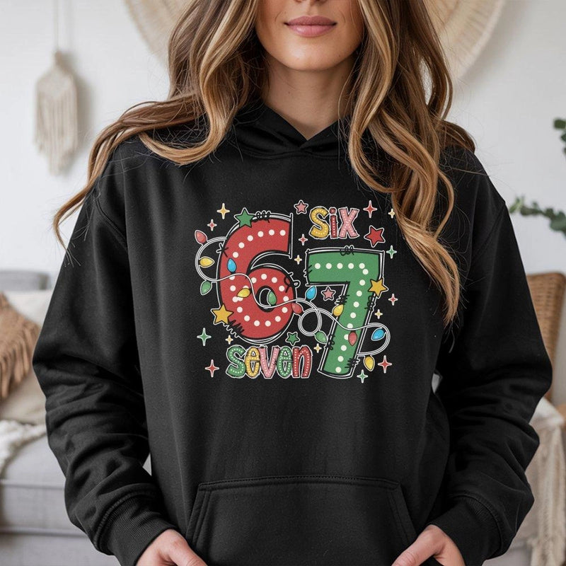 Festive Holiday Lights Christmas Hoodie, 67 Christmas Hoodie, Number 67 Christmas Hooded Sweatshirt, Retro Xmas Pullover, Birthday Present