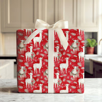 Red Holiday Animal Gift Wrap, Christmas Llama Wrapping Paper, Festive Wreath Llama Wrapping Paper Roll, Winter Snowflake Gift Wrap