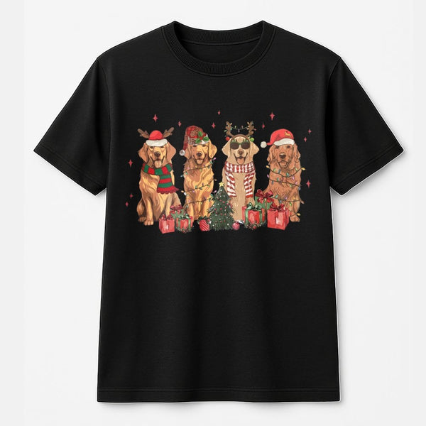 Festive Dog Mom Holiday Graphic Tee, Golden Retriever Christmas T-Shirt, Adorable Puppy Santa Hat Shirt, Winter Holiday Dog L