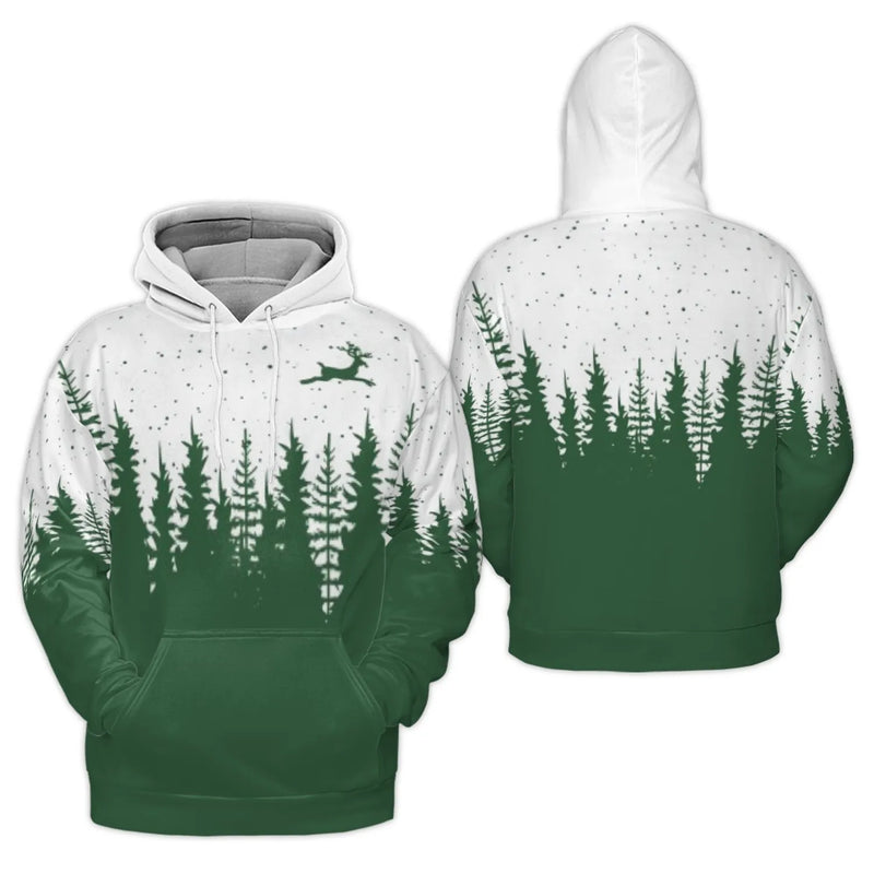 Forest Pine Tree 3D Hoodie, Christmas Reindeer Hoodie, Holiday Nature Sweatshirt, Winter Silhouette Pullover Hoodie, Xmas Present for Women Men