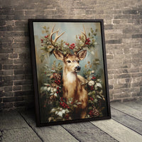 Festive Woodland Animal Canvas Print, Christmas Deer Canvas Wall Art, Winter Berries Deer Canvas Decor, Holiday Wall Art Frameless Canvas