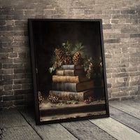 Winter Pine Cone Holly Still Life Print, Rustic Vintage Book Stack Canvas Art, Comfy Christmas Wall Decor, Bookish Holiday Canvas Present