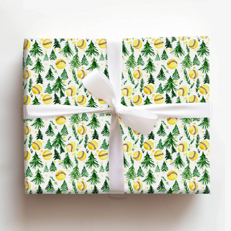 Watercolor Sports Holiday Gift Wrap, Softball Christmas Wrapping Paper, Softball Coach Present Paper, Christmas Tree Sports Wrapping Paper