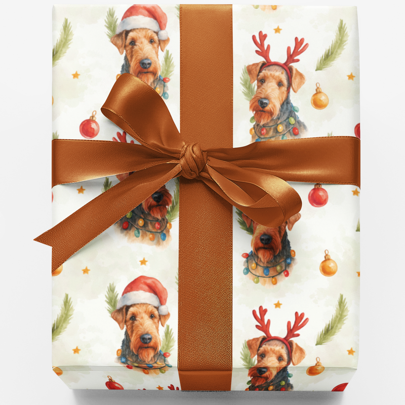 Festive Dog Holiday Wrapping Paper, Airedale Terrier Christmas Wrapping Paper, Adorable Puppy Gift Wrapping Paper, Dog Lover Present Wrap