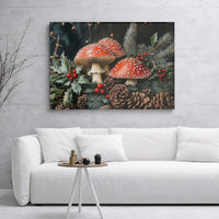 Red Amanita Holly Pine Cone Canvas Print, Christmas Mushroom Canvas Wall Art, Botanical Holiday Wall Decor, Cottagecore Winter Canvas Present