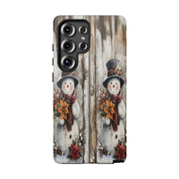 Rustic Wood Christmas Samsung Galaxy Tough Case, Vintage Folk Art Snowman Phone Case, Holiday Snowmen Tough Phone Cover Present