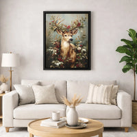 Festive Woodland Animal Canvas Print, Christmas Deer Canvas Wall Art, Winter Berries Deer Canvas Decor, Holiday Wall Art Frameless Canvas