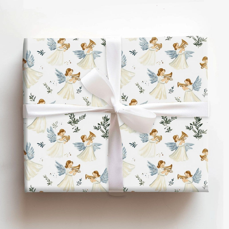 Celestial Horn Playing Angels Gift Wrap, Watercolor Angel Christmas Wrapping Paper, Religious Holiday Present Paper, Angelic Gift Wrap