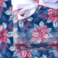 Watercolor Floral Holiday Gift Wrap, Pink Poinsettia Christmas Wrapping Paper, Winter Botanical Wrapping Paper, Elegant Navy Blue Present Paper