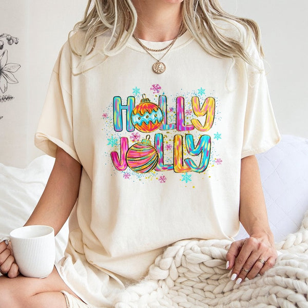 Retro Colorful Holiday Ornament Graphic Tee, Holly Jolly Christmas T-Shirt, Vintage Xmas Tree T-Shirt, Merry Christmas Graphi