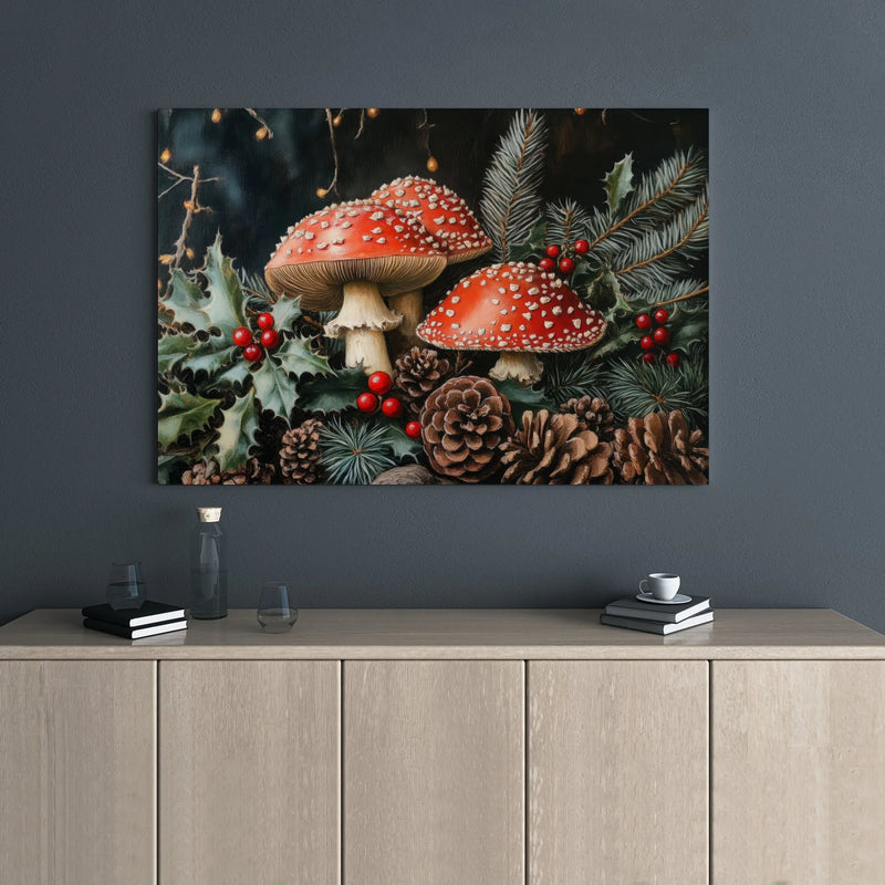 Red Amanita Holly Pine Cone Canvas Print, Christmas Mushroom Canvas Wall Art, Botanical Holiday Wall Decor, Cottagecore Winter Canvas Present