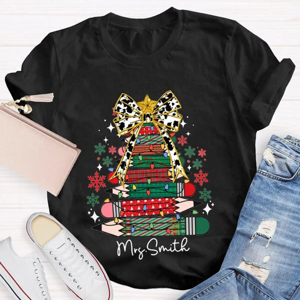 Bow and Colored Pencil Holiday Graphic Tee, Personalized Christmas Tree T-Shirt, Custom Teacher Christmas Shirt, Adorable Sch