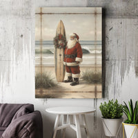 Coastal Vintage Santa Canvas Print, Surfing Santa Canvas Wall Art, Tropical Christmas Wall Decor, Beach House Holiday Canvas Wall Art