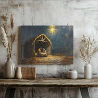 Christian Christmas Wall Art, Holy Family Nativity Scene Canvas Print, Bethlehem Manger Oil Painting Decor, Religious Holiday Present