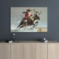 Rustic Western Christmas Wall Art, Cowboy Santa Riding Reindeer Canvas, Country Xmas Canvas Print, Holiday Canvas Decor, Western Decor Present