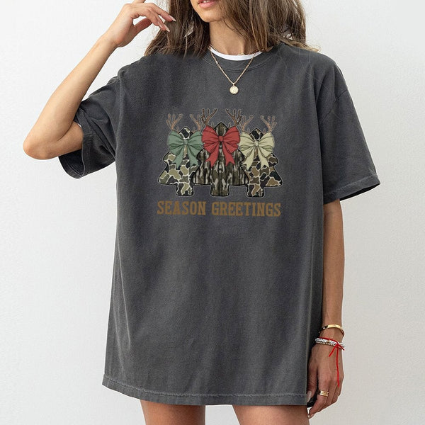 Rustic Reindeer Bow Holiday Tee, Camo Christmas Tree T-Shirt, Camouflage Hunting Country Christmas T-Shirt, Winter Outdoors W