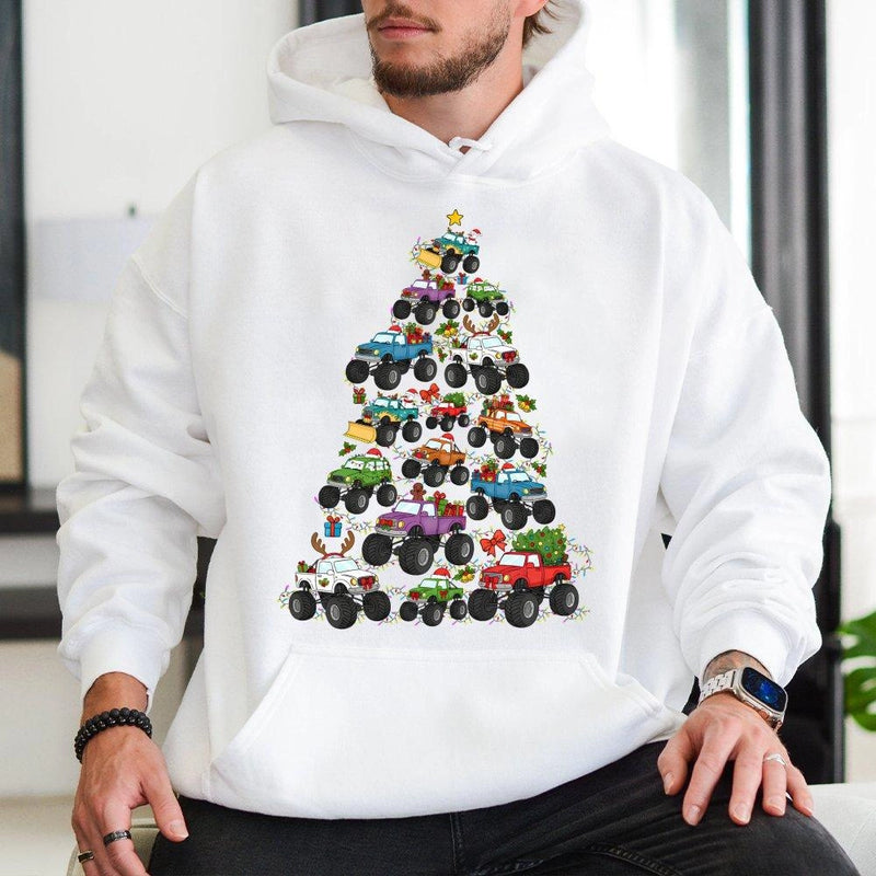 Festive Off Road Vehicle Hoodie, Monster Truck Christmas Tree Hoodie, Humorous Xmas Graphic Sweatshirt, Truck Lover Hoodie, Holiday Present