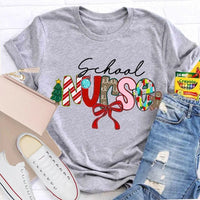 Festive Bow Holiday Nurse Tee, School Nurse Christmas Shirt, Merry Christmas RN T-Shirt, School Healthcare Worker Xmas Present